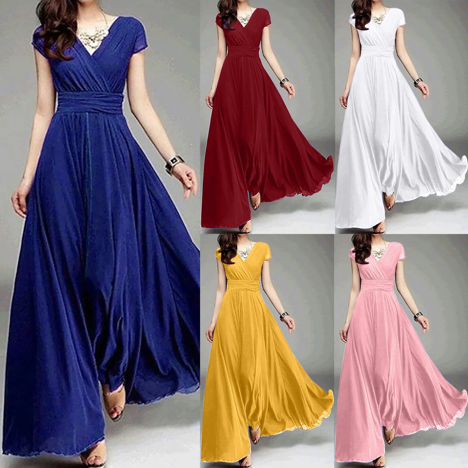 Elegant Woman Party Dress V Neck Solid Color Short Sleeve Bohemian Style Ruched Long Dress Casual Slim Fit Pleated Summer Dress