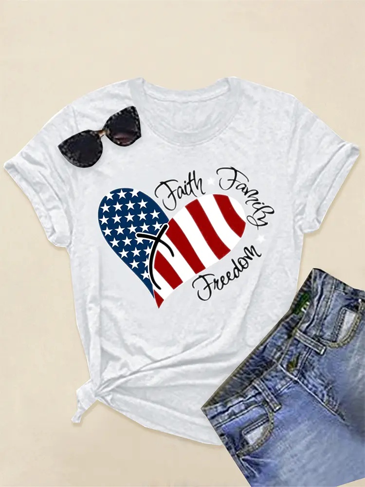 Plus Size Women's Summer Top Independence Day Outfit Women's Fashion Round Neck Short Sleeve Independence Day American Flag