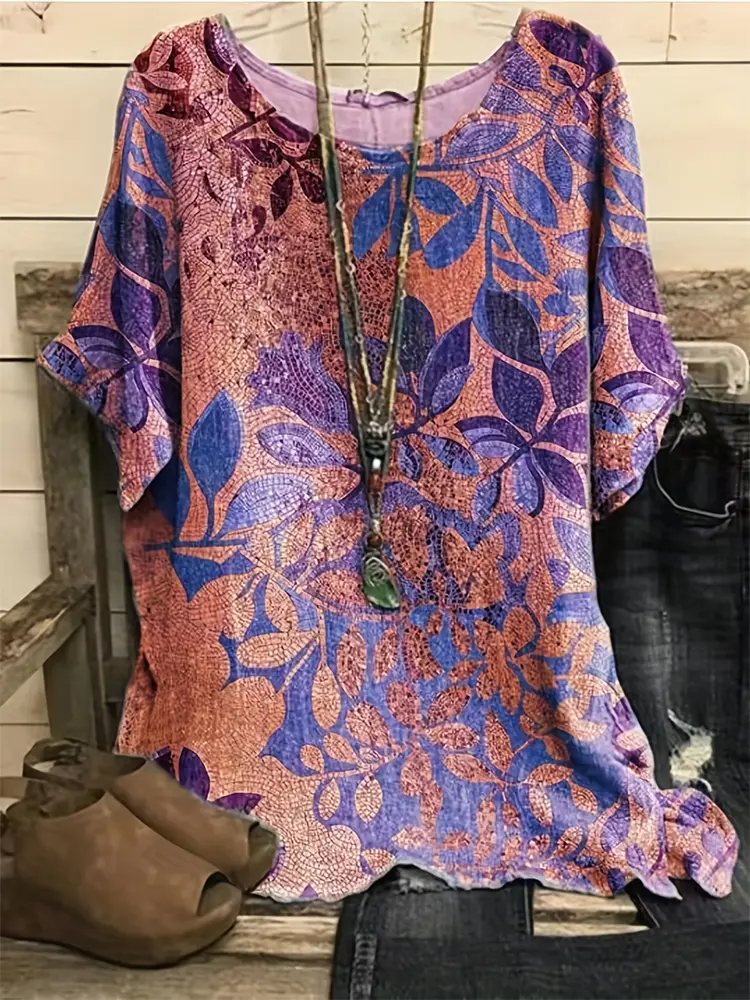 Plus Size 2025 New Casual Women's Shirt Floral Printed Short Sleeve Round Neck Medium Stretch T Shirt Old Retro