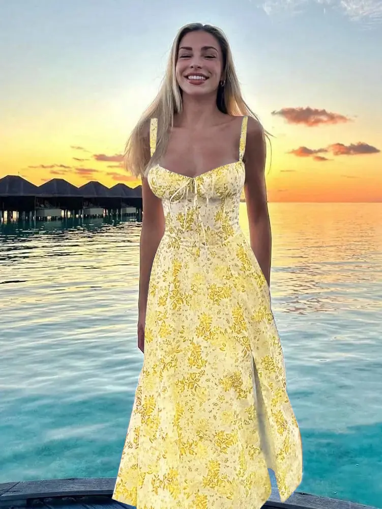 2025 Summer New Floral Midi Boho Loose Split Dress Suitable for going out A-line Casual Summer Sundress Polyester