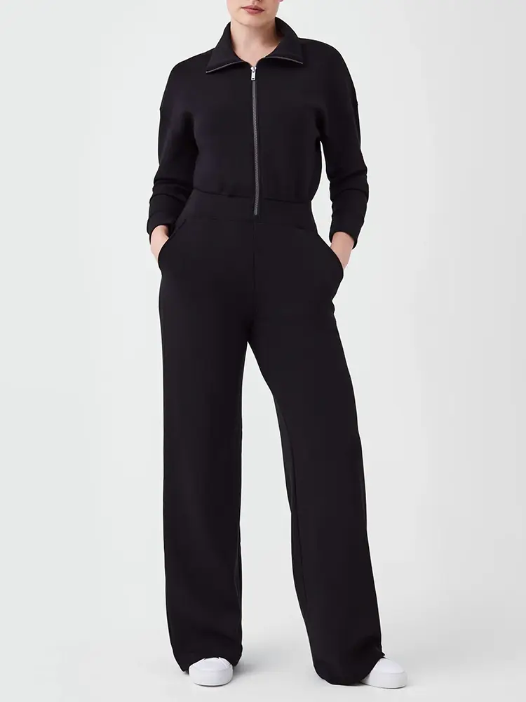 Women's Autumn Winter Lapel Half Zip Sweatshirt And Wide Leg Sweatpants Set Two-Piece Sports Leisure Outfit
