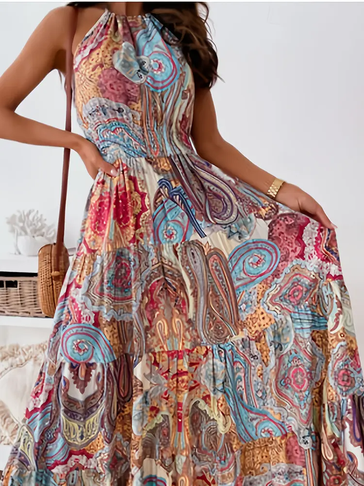 2025 Summer New Women's Neck Botanical Floral Pattern Casual Dress Polyester Sexy Sleeveless Backless
