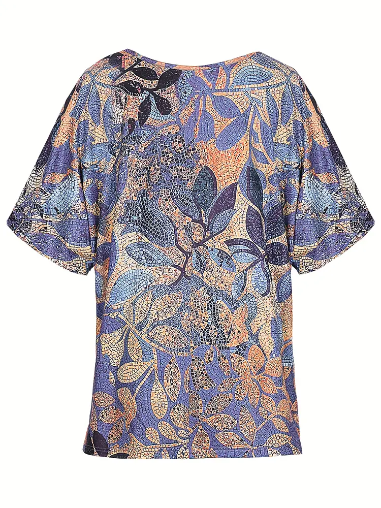 Plus Size 2025 New Casual Women's Shirt Floral Printed Short Sleeve Round Neck Medium Stretch T Shirt Old Retro