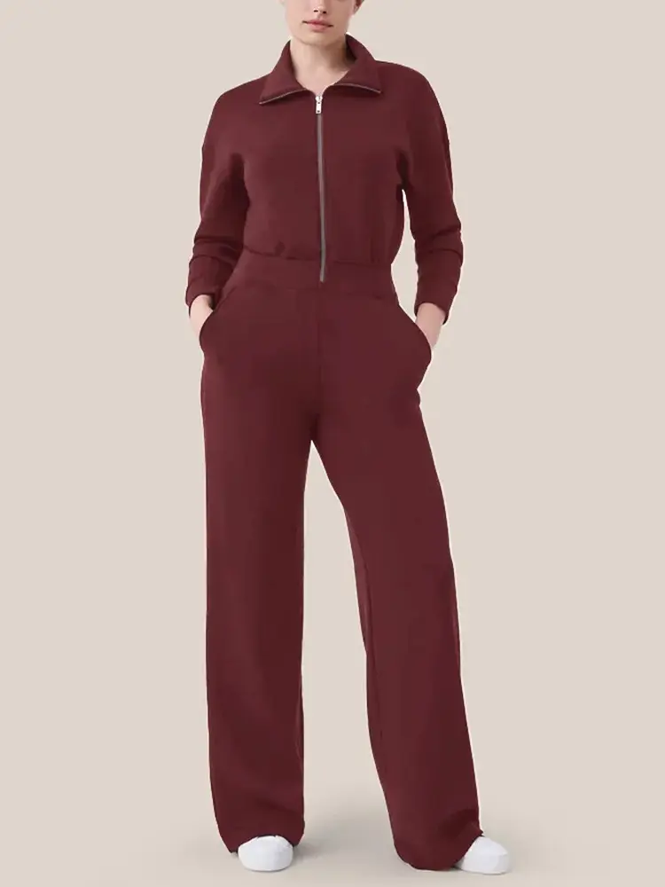 Women's Autumn Winter Lapel Half Zip Sweatshirt And Wide Leg Sweatpants Set Two-Piece Sports Leisure Outfit