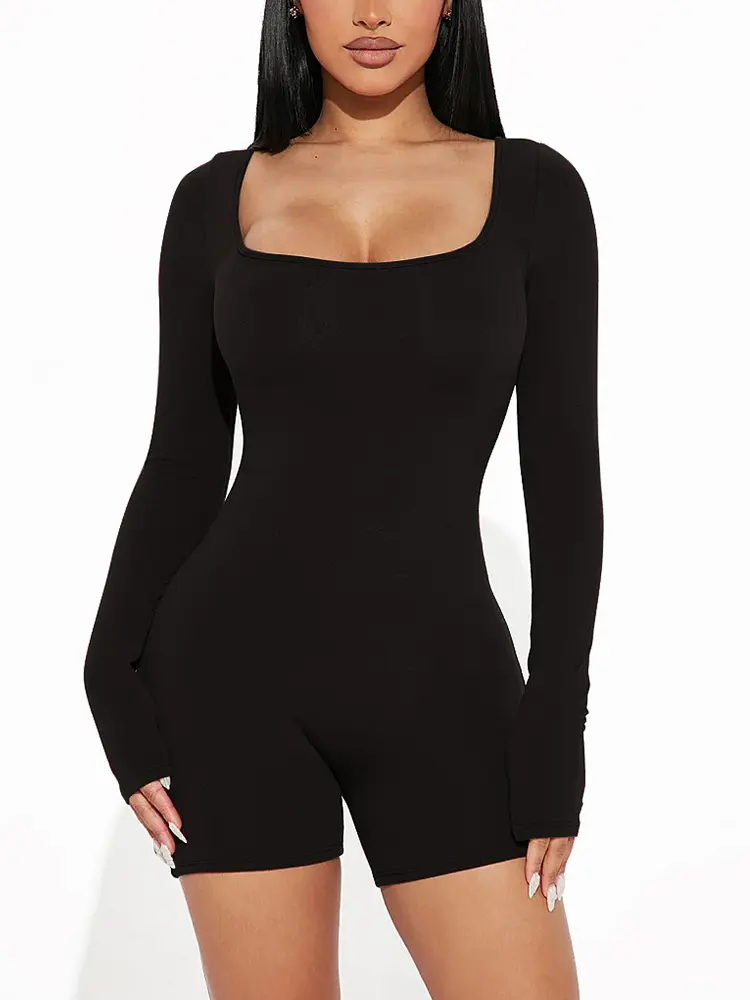 Fashion Long Sleeve Bodycon Jumpsuits for Women Short Pants Jumpsuits Rompers Crew Neck Sexy Tights One Piece Playsuit Romper