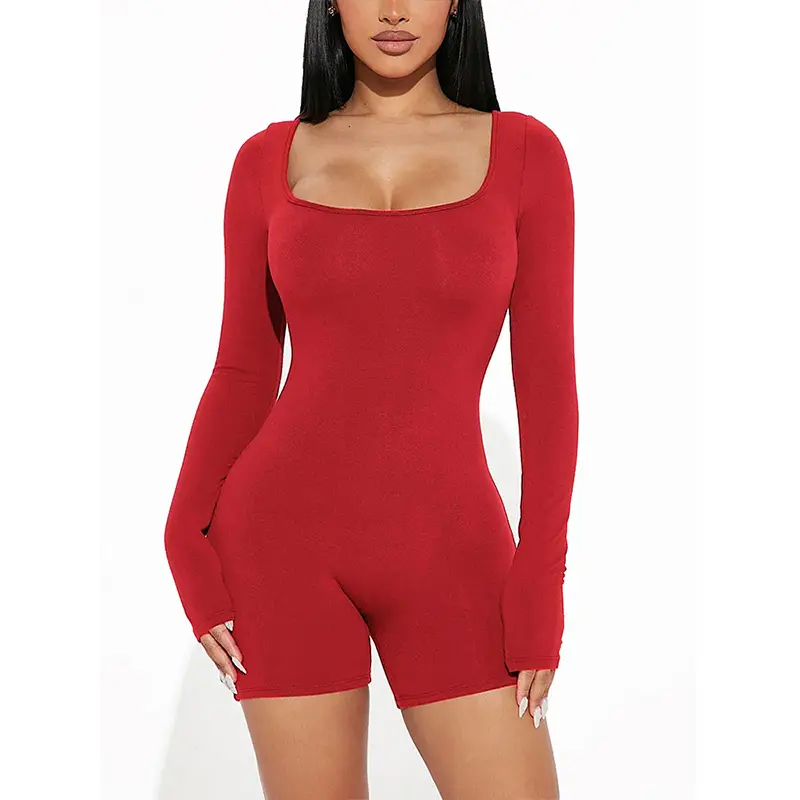 Fashion Long Sleeve Bodycon Jumpsuits for Women Short Pants Jumpsuits Rompers Crew Neck Sexy Tights One Piece Playsuit Romper