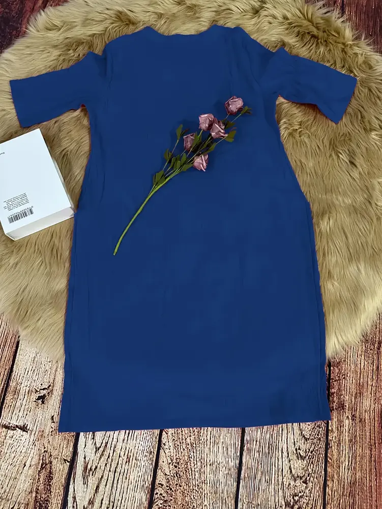 Plus Size 2025 New Large Size Casual Loose Short Sleeve Dress Pure Colour Pocket U Neck Casual Elegant