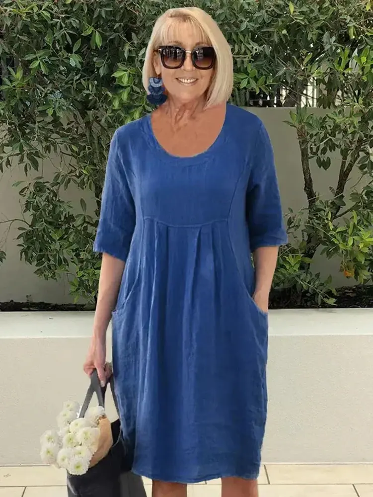 Plus Size 2025 New Large Size Casual Loose Short Sleeve Dress Pure Colour Pocket U Neck Casual Elegant