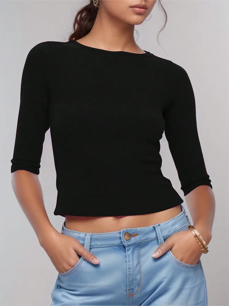 Round Neck Seven Points Short-Sleeved Models T-Shirt Tops Women Slim Fashion New Solid Colour Y2K Style Women's T-shirt