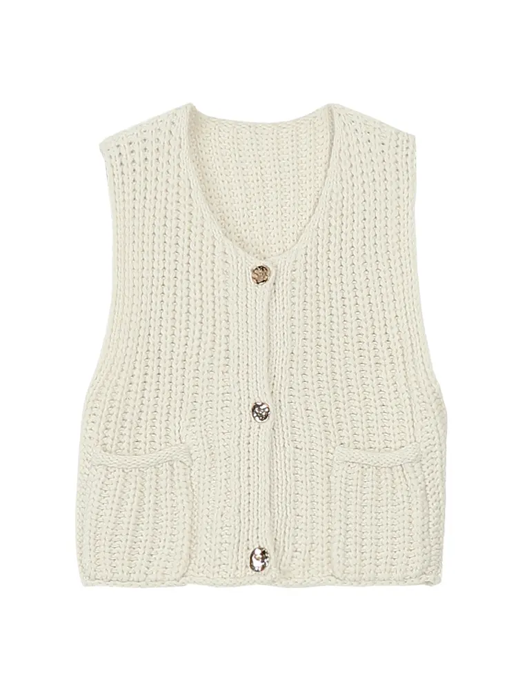 2025 Autumn New Women's Single-breasted V-neck Knitted Vest Pure color with pockets Best choice for Fall and Winter