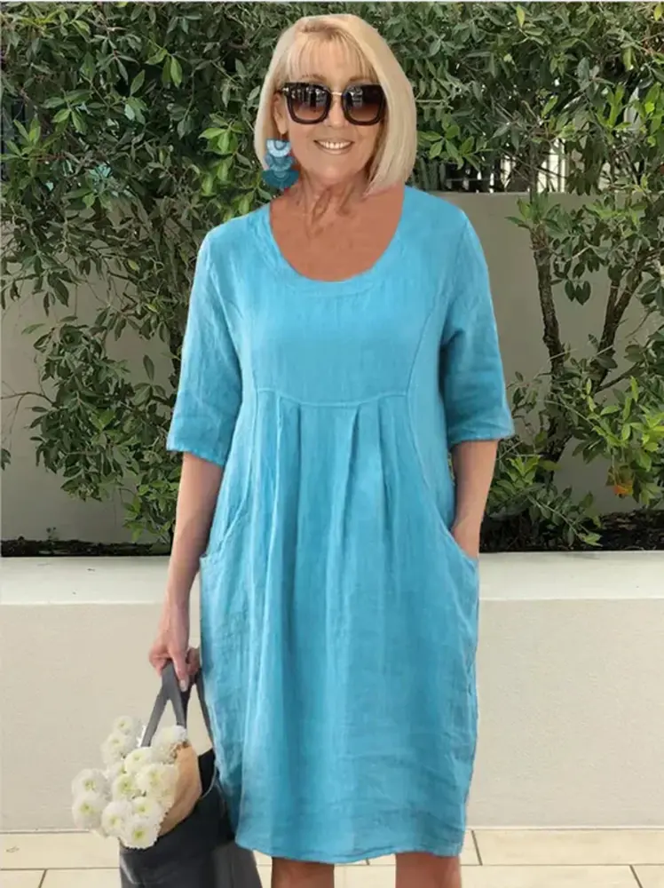 Plus Size 2025 New Large Size Casual Loose Short Sleeve Dress Pure Colour Pocket U Neck Casual Elegant