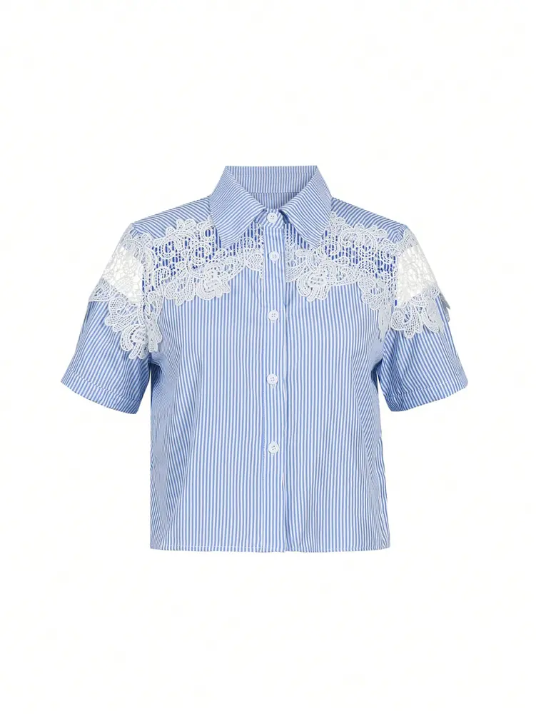 2025 Summer New Skeleton Water-soluble Flower Splicing Short Sleeve Casual Shirt Shirt Sleeve Graduation Season Romantic
