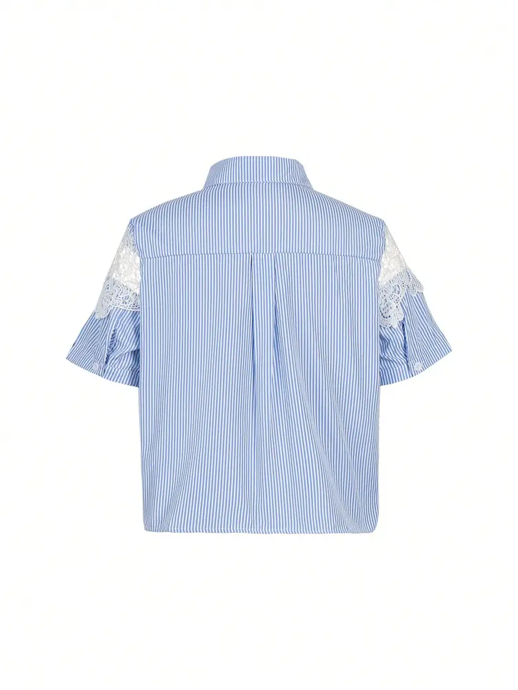 2025 Summer New Skeleton Water-soluble Flower Splicing Short Sleeve Casual Shirt Shirt Sleeve Graduation Season Romantic