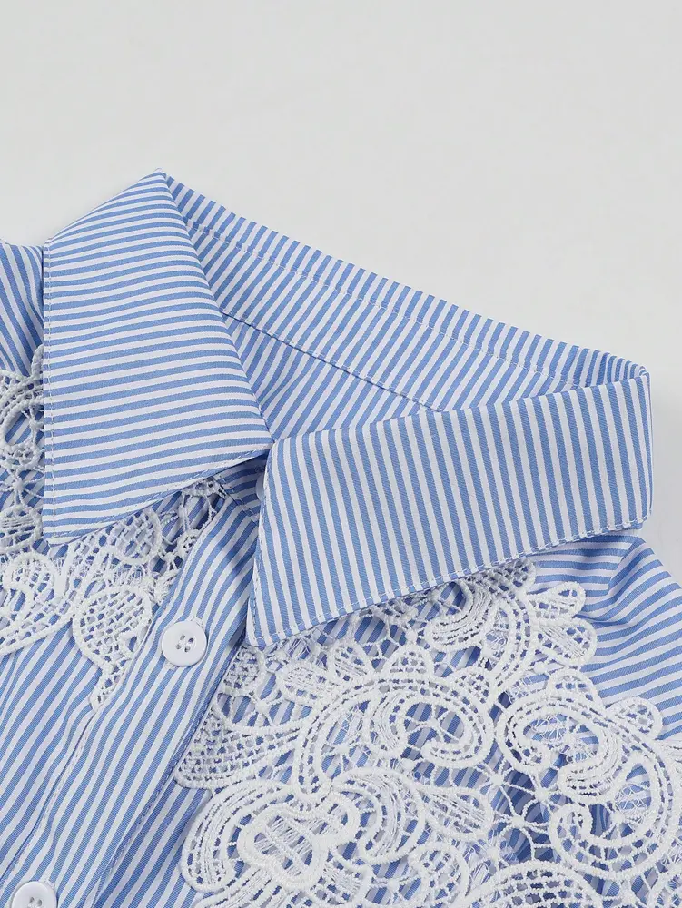 2025 Summer New Skeleton Water-soluble Flower Splicing Short Sleeve Casual Shirt Shirt Sleeve Graduation Season Romantic
