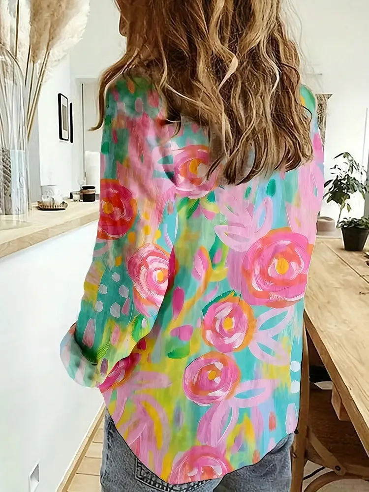 Plus Size 2025 New Women's Crushed Flower Printed Button Casual Shirt Trendy Fashion Polyester Best Choice for Spring and Summer