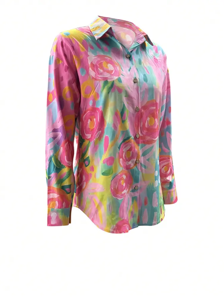 Plus Size 2025 New Women's Crushed Flower Printed Button Casual Shirt Trendy Fashion Polyester Best Choice for Spring and Summer