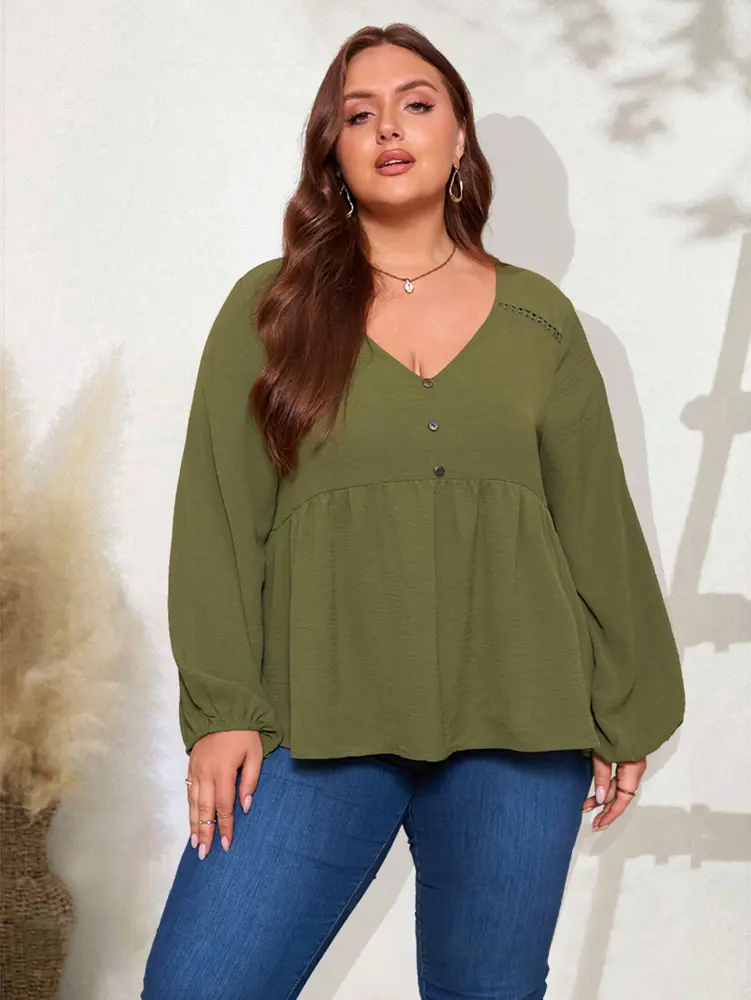 Plus Size Green V-neck Ladies Tops Women Casual Commuter Wind Elegant Mature Women Home 2025 New Autumn Best Choice