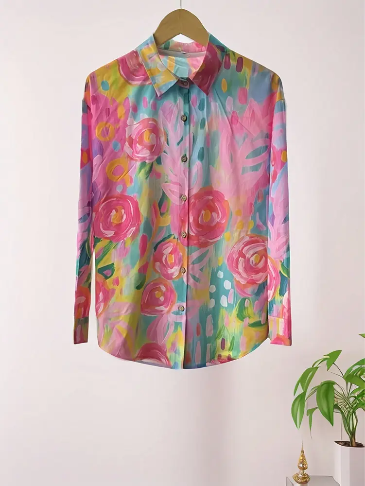Plus Size 2025 New Women's Crushed Flower Printed Button Casual Shirt Trendy Fashion Polyester Best Choice for Spring and Summer