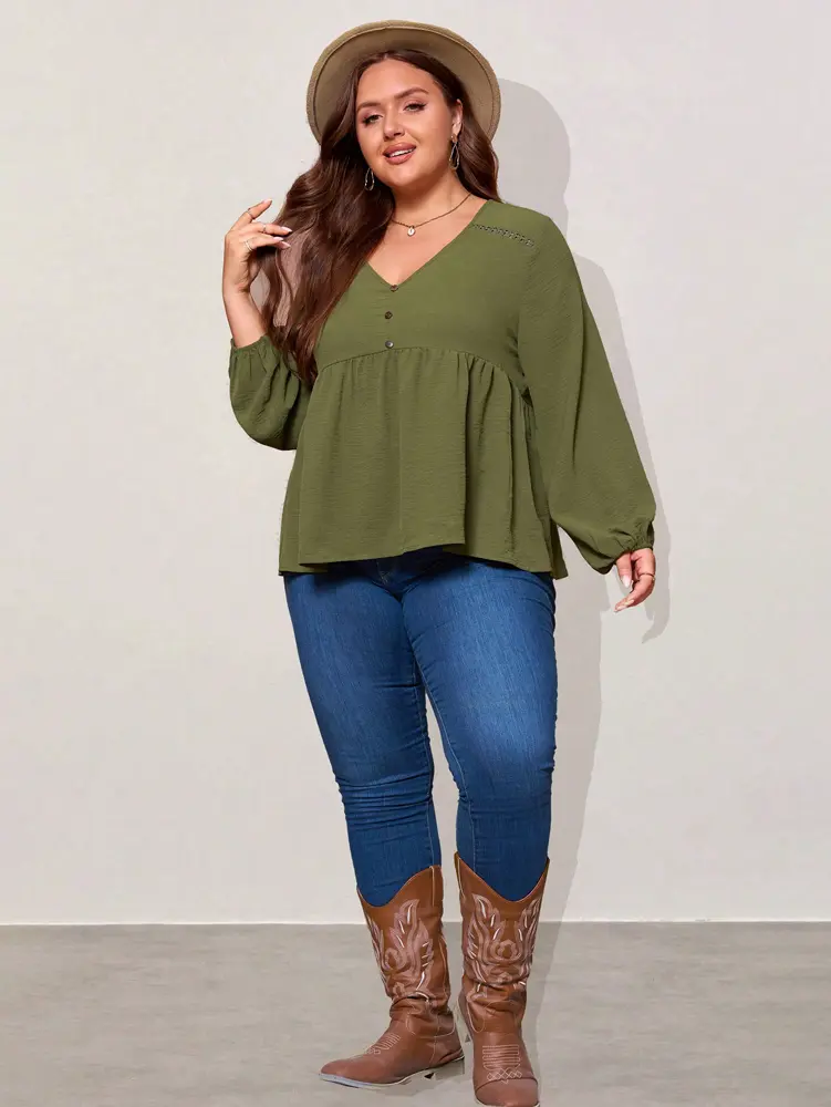 Plus Size Green V-neck Ladies Tops Women Casual Commuter Wind Elegant Mature Women Home 2025 New Autumn Best Choice