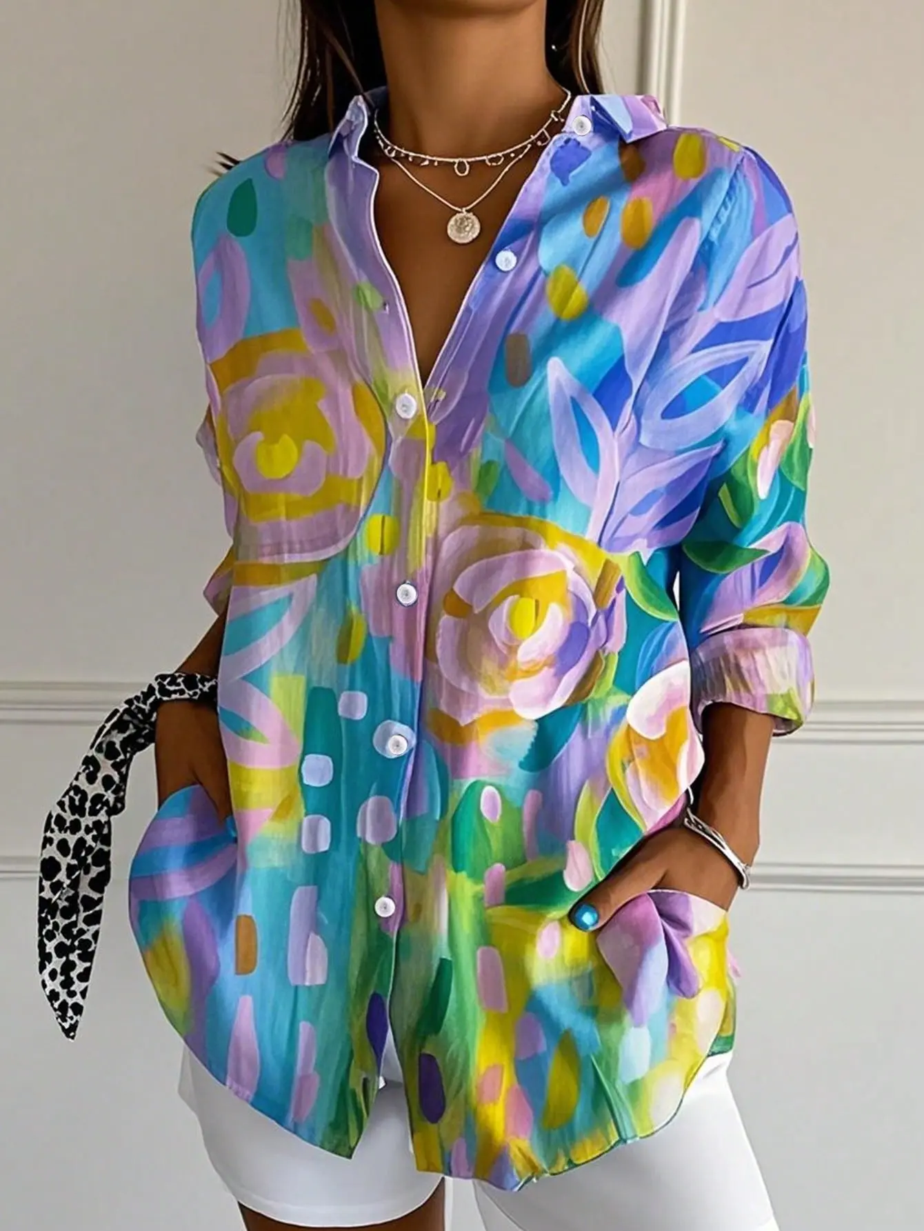 Plus Size 2025 New Women's Crushed Flower Printed Button Casual Shirt Trendy Fashion Polyester Best Choice for Spring and Summer