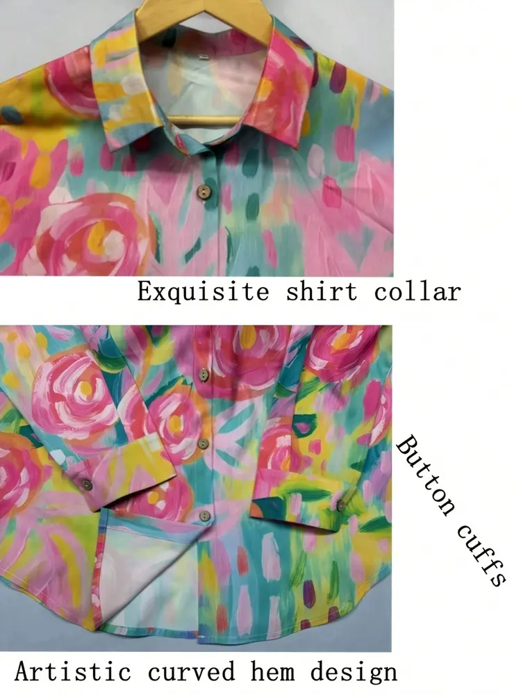 Plus Size 2025 New Women's Crushed Flower Printed Button Casual Shirt Trendy Fashion Polyester Best Choice for Spring and Summer