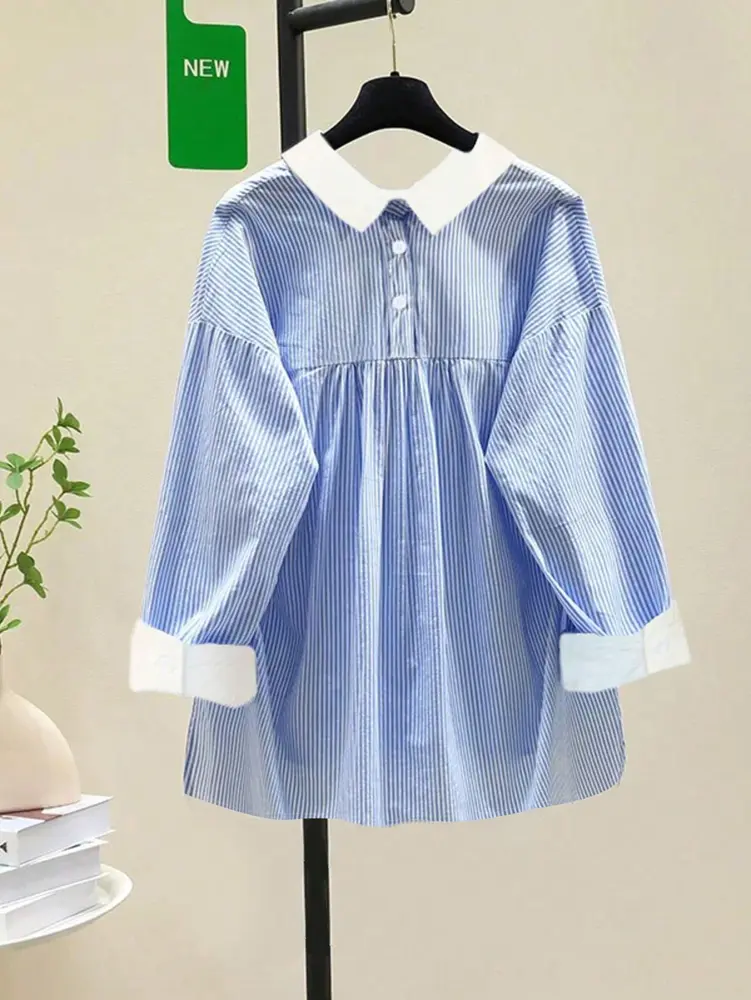 2025 Fall New Casual Loose Striped Shirt Striped Shirt Collar Travel Season Graduation Single Breasted
