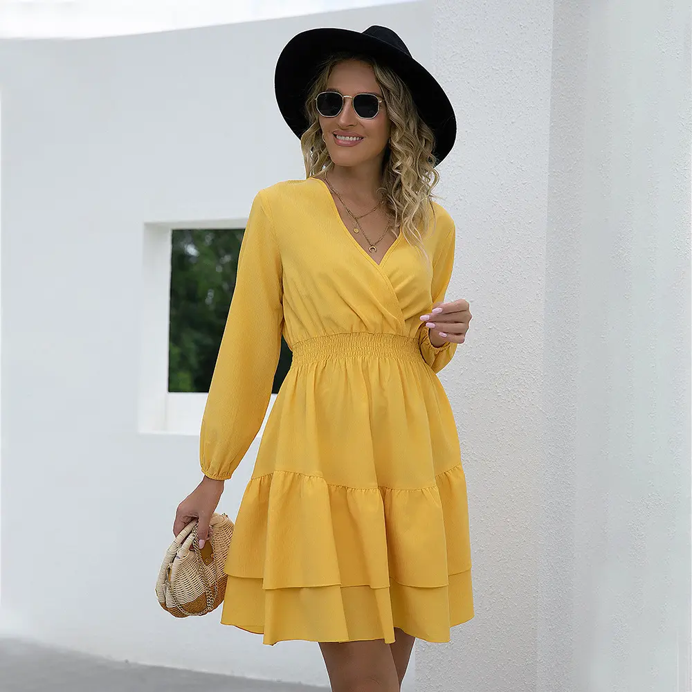 2025 Autumn New Women's V Neck Elegant Casual Long Sleeve Dresses Layered Knee Dresses Holiday Homecoming