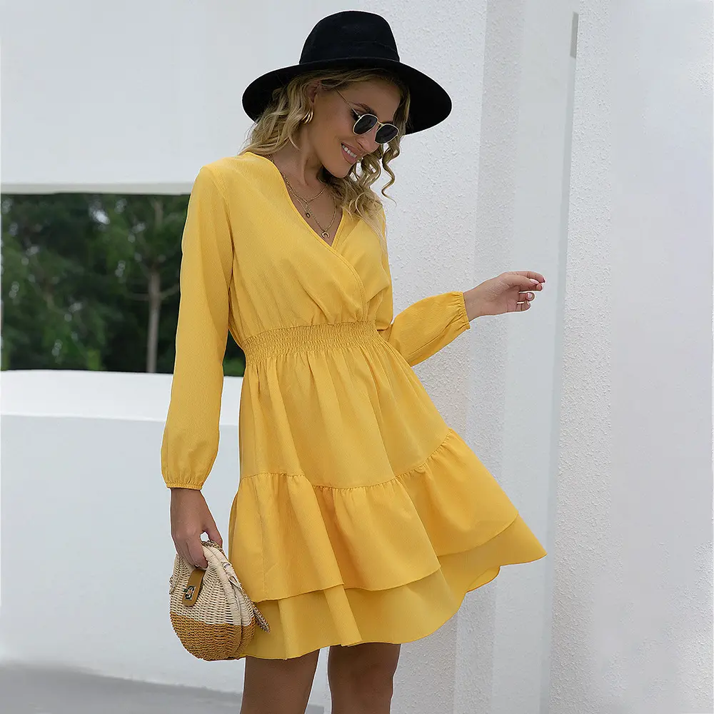 2025 Autumn New Women's V Neck Elegant Casual Long Sleeve Dresses Layered Knee Dresses Holiday Homecoming