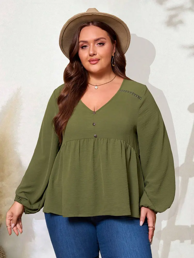 Plus Size Green V-neck Ladies Tops Women Casual Commuter Wind Elegant Mature Women Home 2025 New Autumn Best Choice