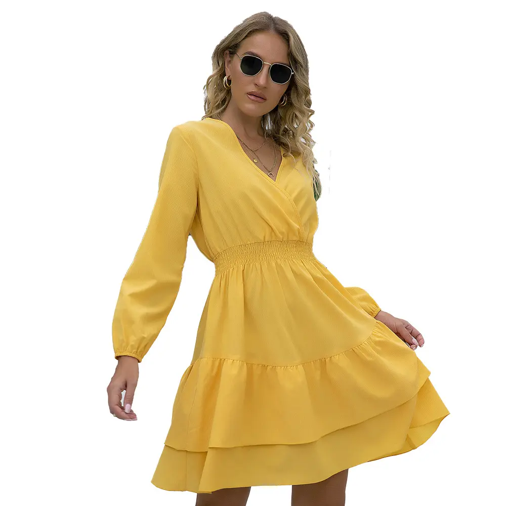 2025 Autumn New Women's V Neck Elegant Casual Long Sleeve Dresses Layered Knee Dresses Holiday Homecoming