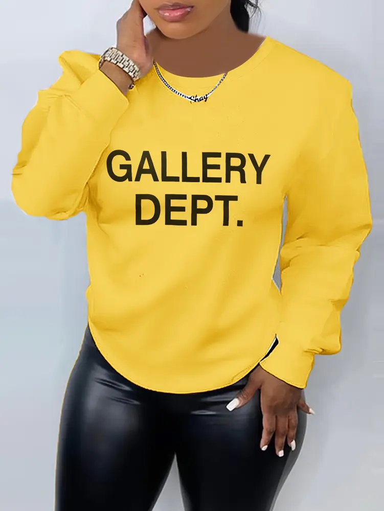 Plus Size Women's 2025 New Letters Pattern Top Solid Color Autumn Best Choice Long Sleeve Round Neck Casual Elegant