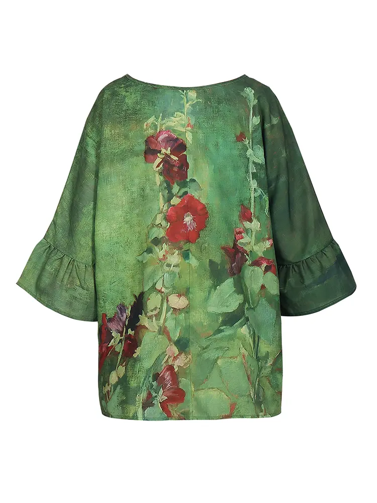 Plus Size Women's Retro Floral Print V Neck Long Sleeve T Shirt Casual Loose Pullover Tops Best Choice for Spring and Summer