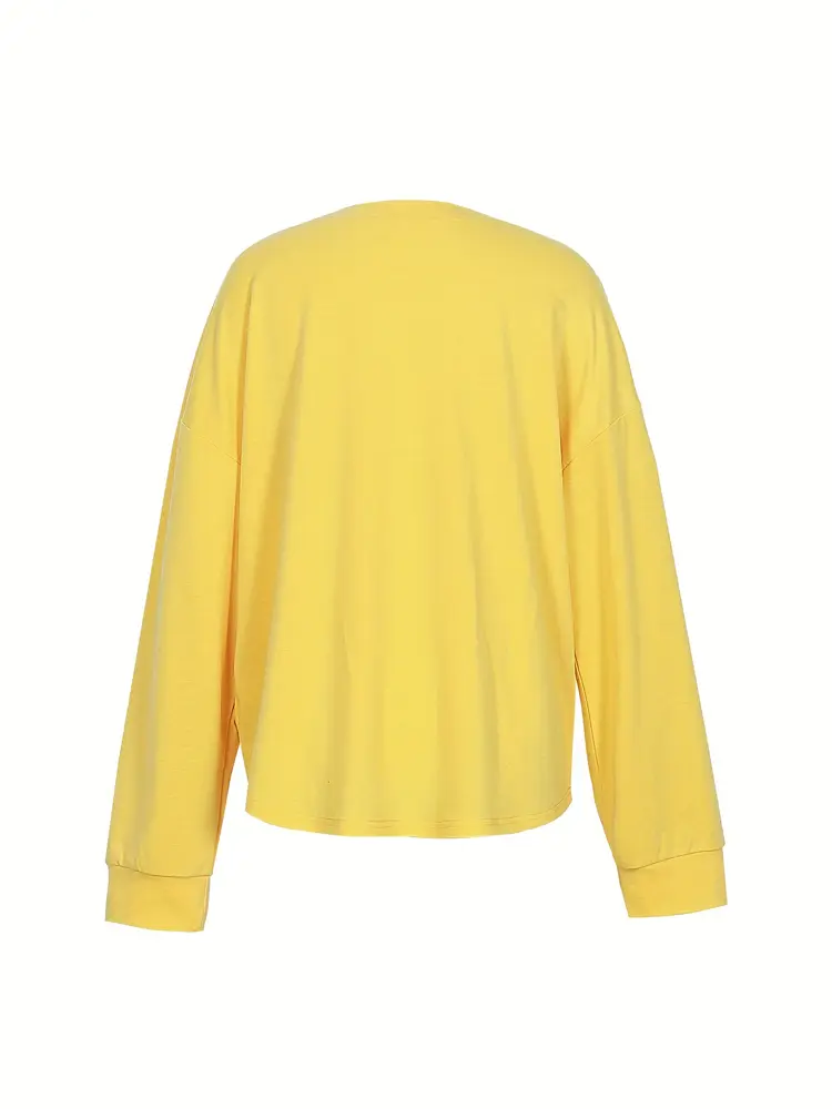 Plus Size Women's 2025 New Letters Pattern Top Solid Color Autumn Best Choice Long Sleeve Round Neck Casual Elegant