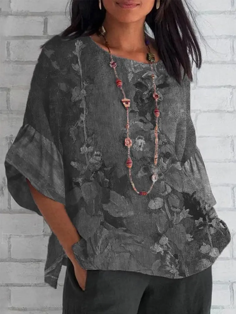 Plus Size Women's Retro Floral Print V Neck Long Sleeve T Shirt Casual Loose Pullover Tops Best Choice for Spring and Summer