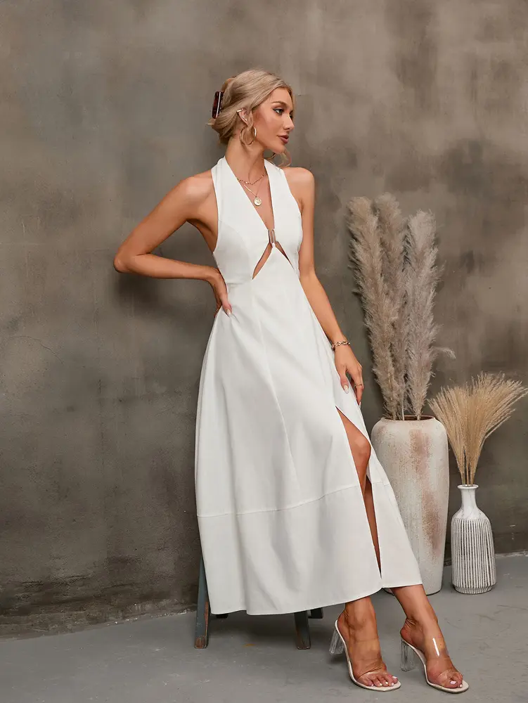 Real Design 2025 Summer Women's Burst Road Backless Sleeveless Wrap Dresses Dresses Pure Colour Holiday Elegant