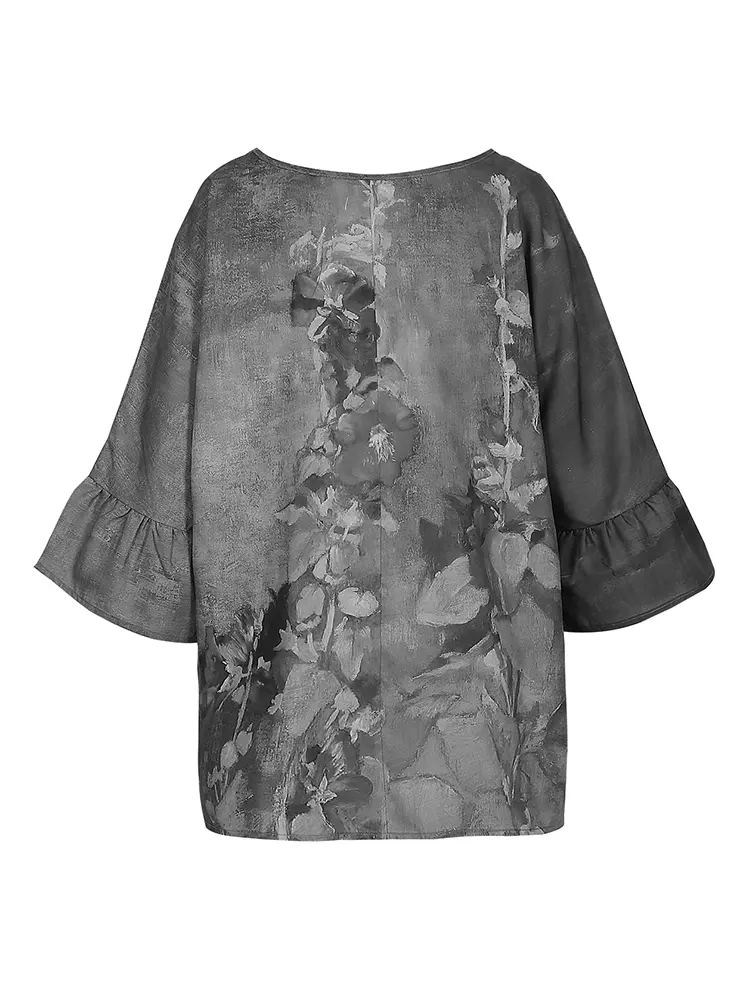 Plus Size Women's Retro Floral Print V Neck Long Sleeve T Shirt Casual Loose Pullover Tops Best Choice for Spring and Summer