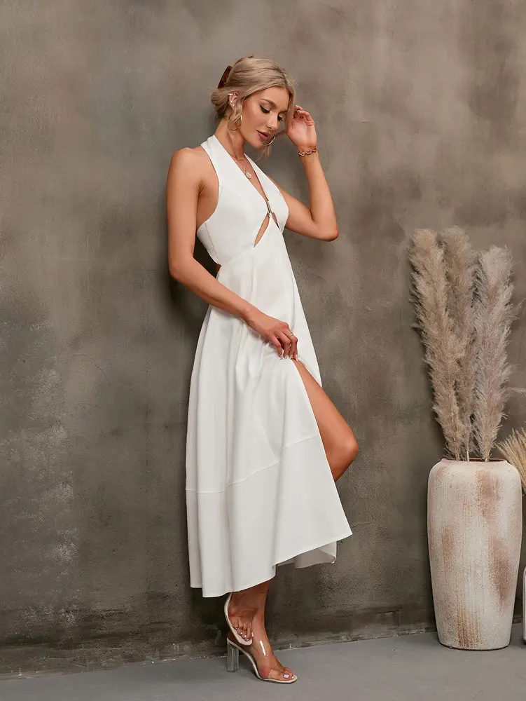 Real Design 2025 Summer Women's Burst Road Backless Sleeveless Wrap Dresses Dresses Pure Colour Holiday Elegant