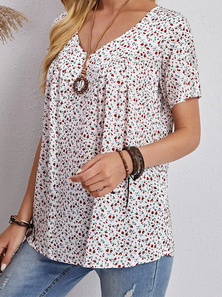 2025 Spring and Summer New Women's Crushed Flower V Neck T Shirt Short Sleeve Comfortable Casual Top Home Comfortable