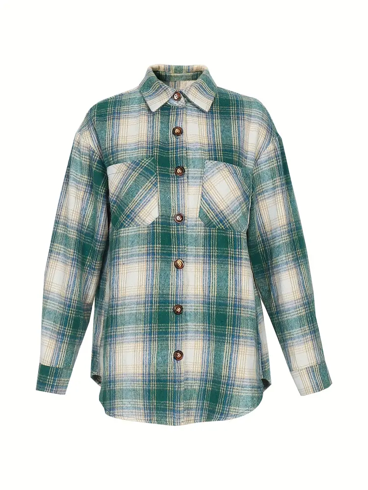 Women's Flannel Plaid Shirt Jacket Straw Button Top Polyester Material Fashion Spring Summer 2025