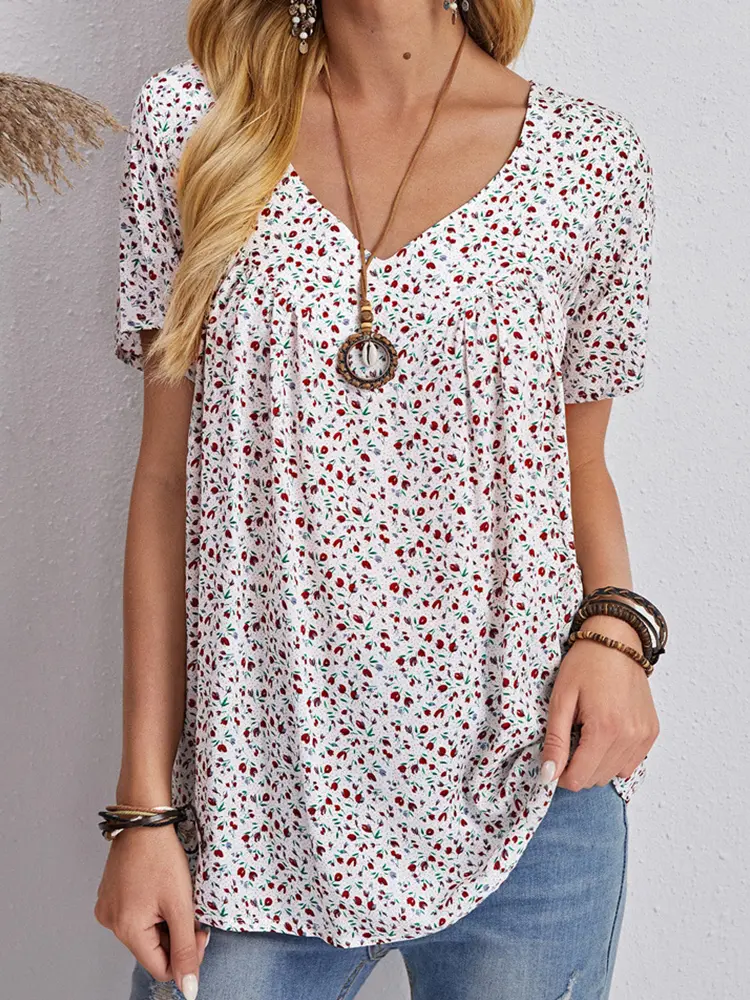 2025 Spring and Summer New Women's Crushed Flower V Neck T Shirt Short Sleeve Comfortable Casual Top Home Comfortable