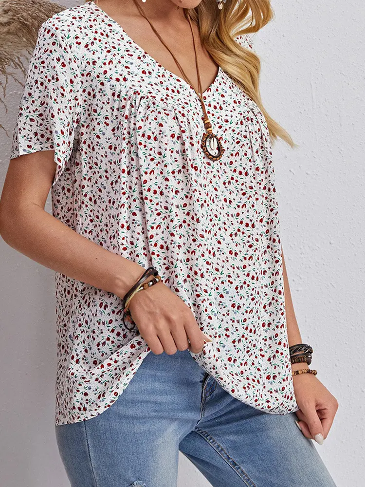 2025 Spring and Summer New Women's Crushed Flower V Neck T Shirt Short Sleeve Comfortable Casual Top Home Comfortable
