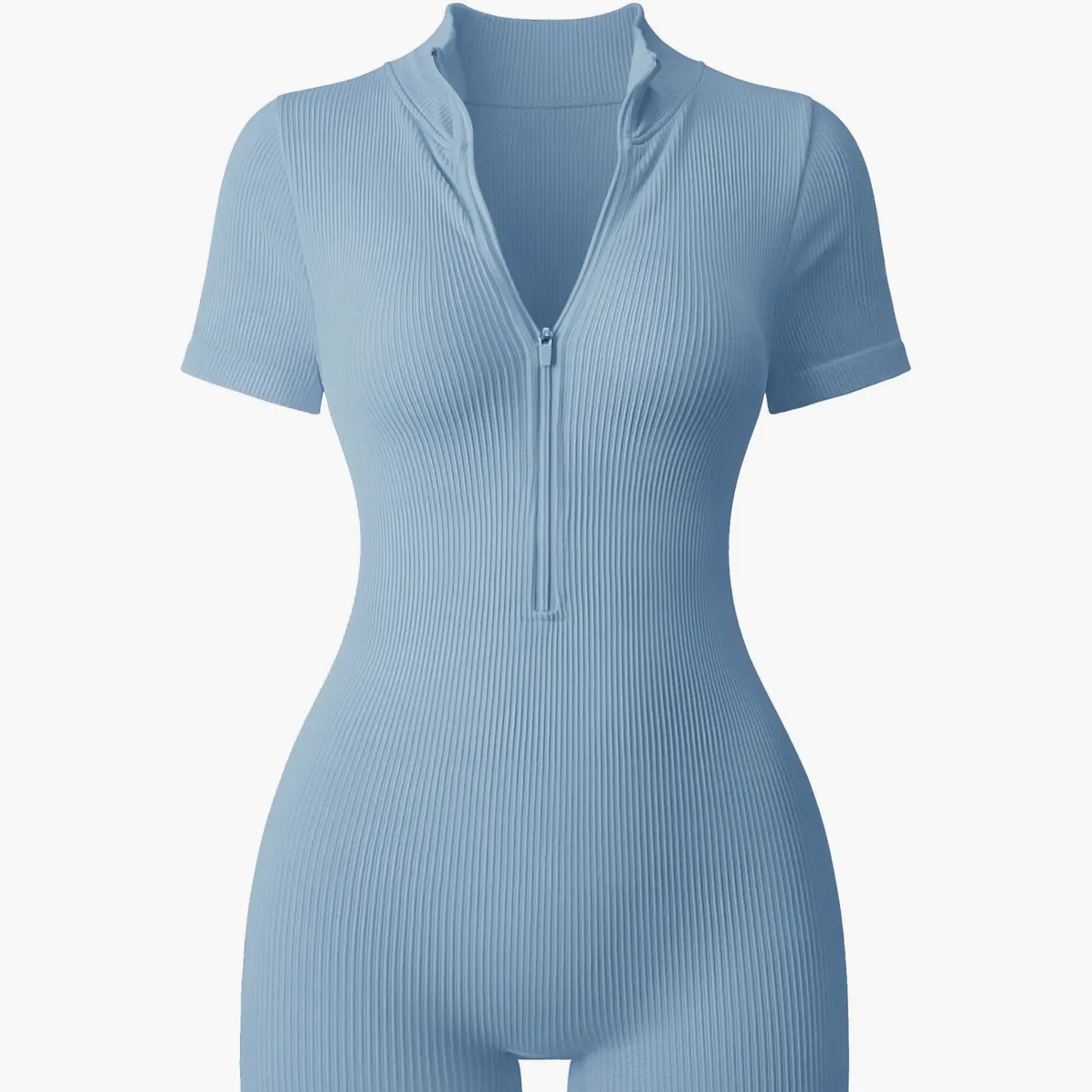 Women's Textured Short Sleeve Zip Front Athletic Yoga Bodysuit Slimming Bodybuilding Hip Lifting One Piece for Fitness