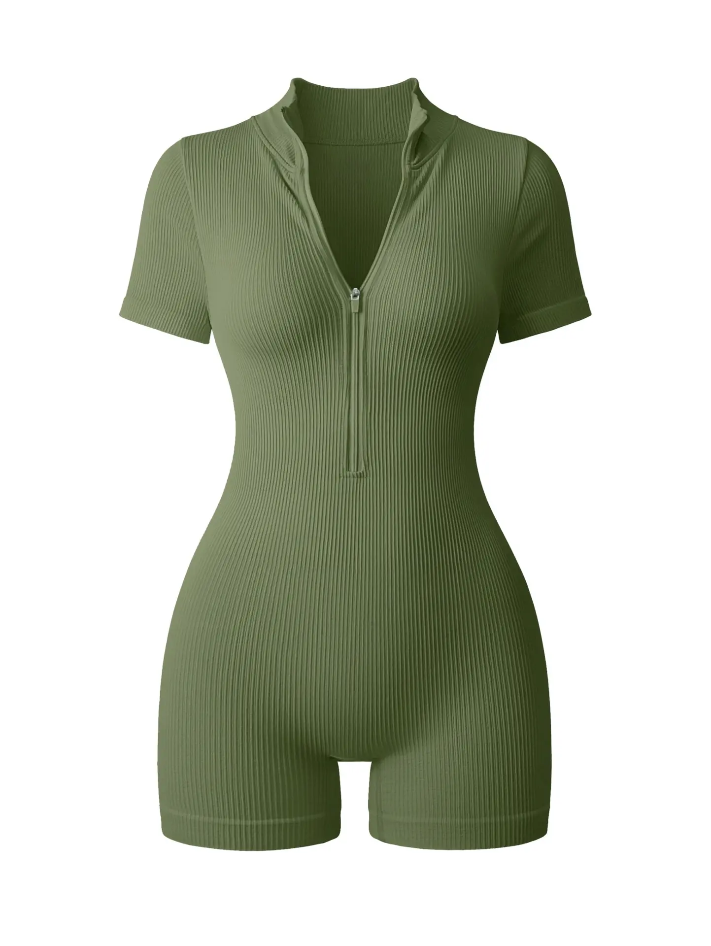 Women's Textured Short Sleeve Zip Front Athletic Yoga Bodysuit Slimming Bodybuilding Hip Lifting One Piece for Fitness