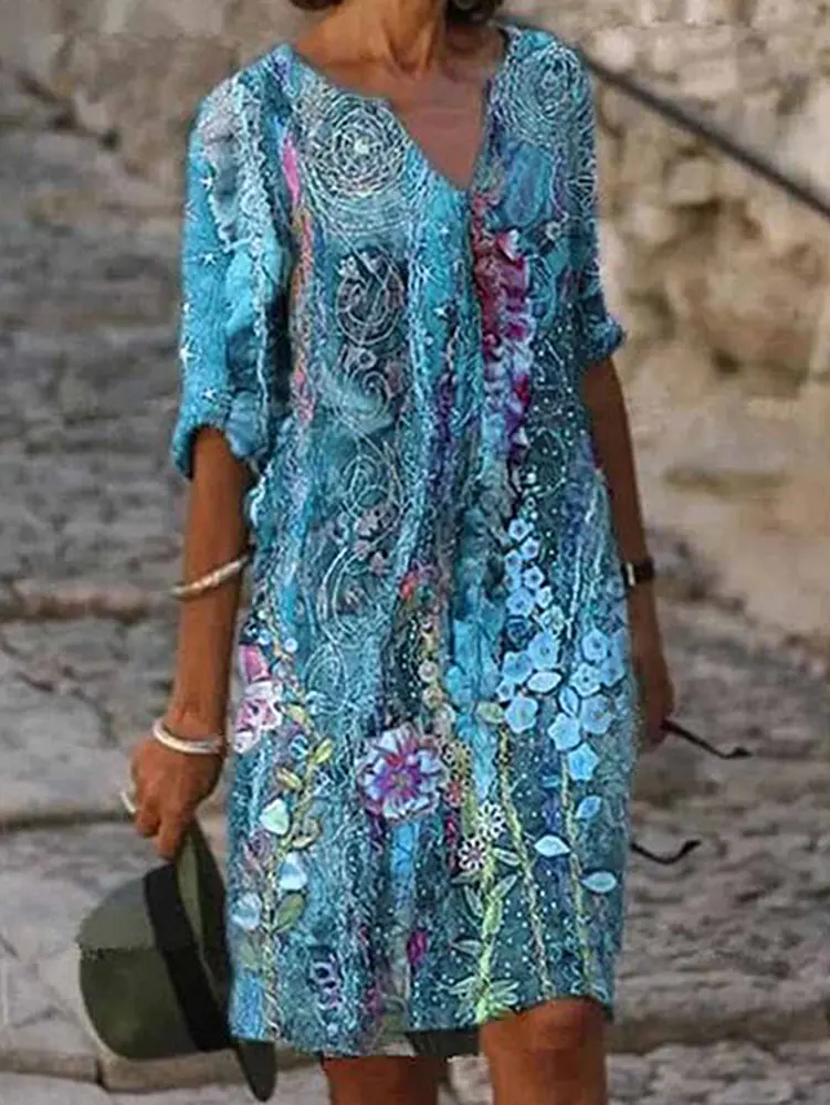Women's Short Sleeve Dress Irregular Printed Patterned V-Neck Vintage Old Style Dresses Doing Old Botanical Flower