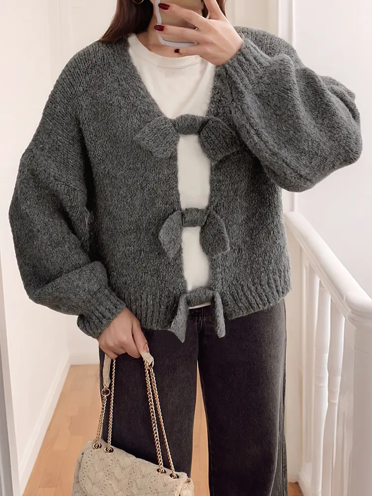 Women's Solid Color Bow Cardigan 2025 Autumn Winter Collection Casual Warm Office Wear Home Comfort Fashion Best Choice