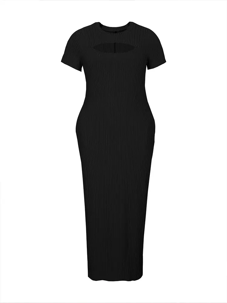 Plus Size Hollow Hip Wrap Pocket Dress Elegant Short Sleeve Round Neck Dress Basic Sexy Round Neck Short Sleeve Knit Hollow Poc