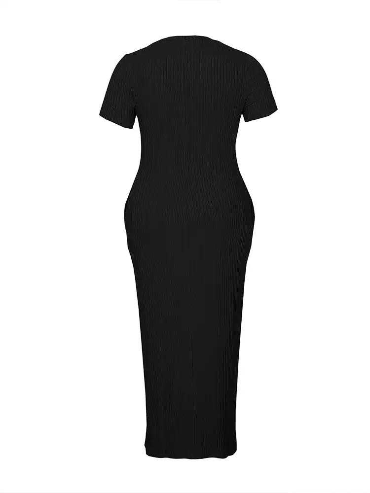 Plus Size Hollow Hip Wrap Pocket Dress Elegant Short Sleeve Round Neck Dress Basic Sexy Round Neck Short Sleeve Knit Hollow Poc