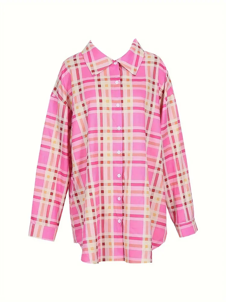 Plus Size 2025 Spring Summer New Women's Plaid Shirt Single Row Button Pink Casual Commuter Spring Summer Best