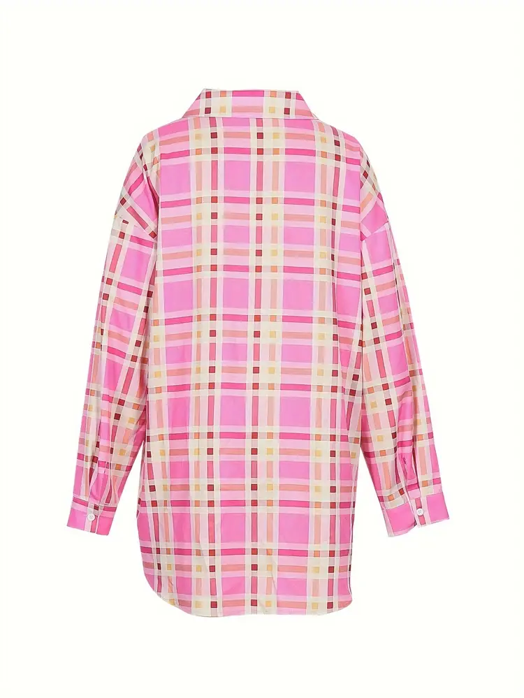 Plus Size 2025 Spring Summer New Women's Plaid Shirt Single Row Button Pink Casual Commuter Spring Summer Best