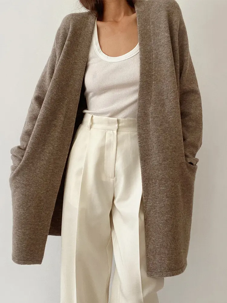 Women's Elegant Solid Color Long Knitted Cardigan Sweater with Pocket Autumn Winter New Temperament Fashion 2025